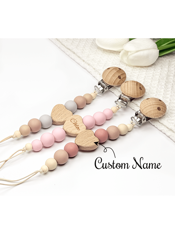 1 Personalized Heart Pacifier Clip Custom Baby Pacifier Clip DIY Custom Name Mouth Clip Mouth Chain - Friend Gift/Comfort Gift/Wooden Chain Gift/Holiday Gift/Birthday Gift/New Year Gift, Christmas Gift Baby's First Gift, Super Cute Back To School