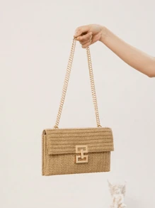 Bolso de playa de paja con hebilla de giro, bolso de mano trenzado con cadena
