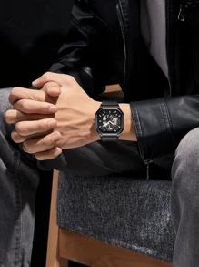 1pc Square, Hollowed-Out, Casual, Sporty, High-Quality, Leather Strap, Black, Glow In The Dark, Calendar Function, Cheap Men's Watch, Gift For Men.