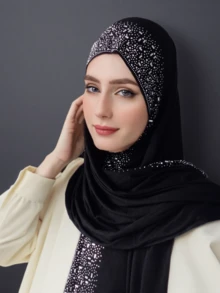 1pc Women's Popular Crystal Solid Color Knitted Headscarf Shawl, Soft Hijab Scarf, Casual Long Scarf - A - View 12