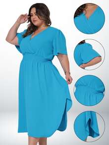Women's Plus Size Midi Dress Wrapped Short Sleeve Duna Elegant Casual - 綠松石藍 - 查看 4