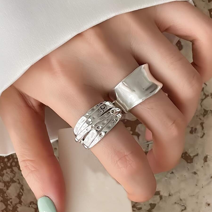 Bộ 2 chiếc nhẫn xoắn hình học không đối xứng bản rộng tối giản, trang sức dự tiệc ngày lễ cho nữ làm quà tặng - Bạc - Xem 1
