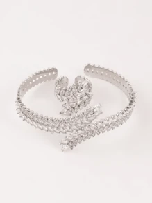 1 Set Of 2pcs European & American Fashion White Zirconia Bracelet Ring Set, Adjustable Design With Micro Inlaid Wheat Ear, Suitable For Women Daily Wear And Gifts