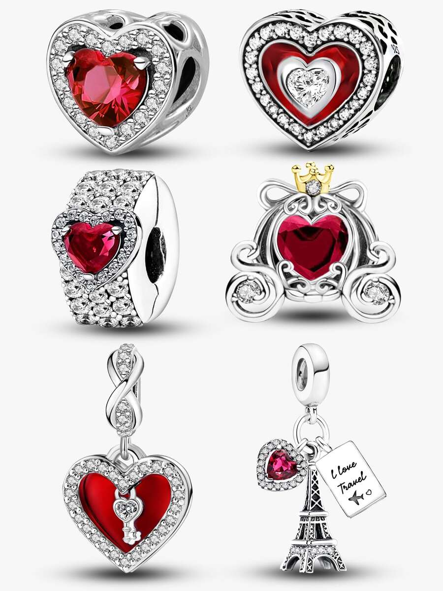 1 PC 925 Bạc Sterling Trái Tim Đỏ Mặt Dây Chuyền Charm Mặt Dây Chuyền Phù Hợp Cho Vòng Tay DIY Trang Sức Nữ - Bạc - Xem 1