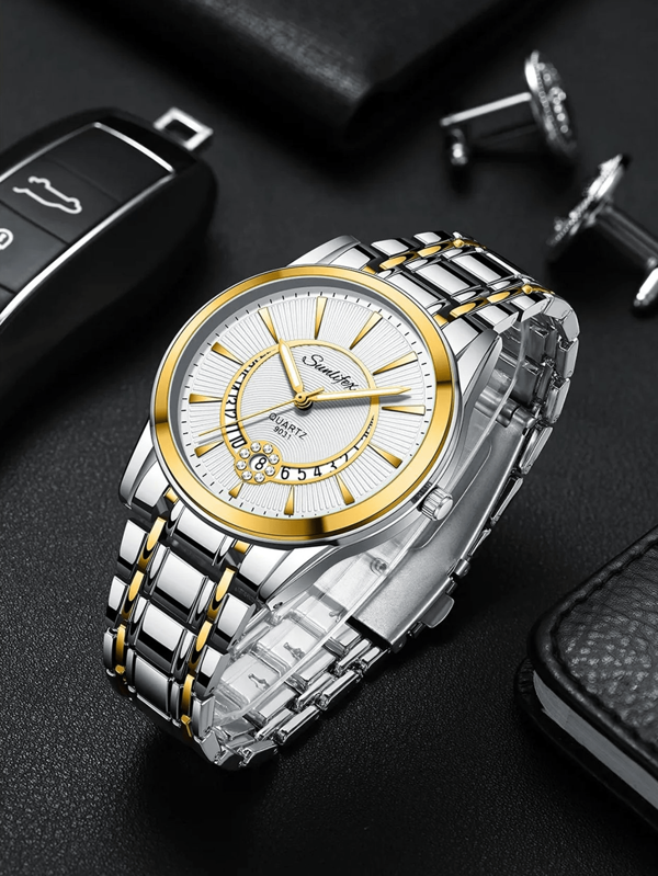 Orologio da uomo in acciaio inossidabile, colore oro, per uso professionale, forma rotonda, economico, minimalista, di alta qualità, con funzione calendario, ideale come regalo per uomini