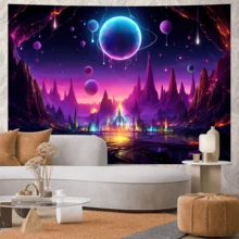 1 件 Galaxy UV 反应挂毯山脉天体池塘霓虹灯河流紫色粉色渐变天空未来城市景观科幻墙艺术现代家居装饰宇宙梦境免费安装包易于悬挂 - 彩色 - 查看 2