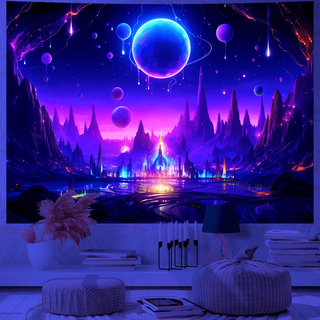 1 件 Galaxy UV 反应挂毯山脉天体池塘霓虹灯河流紫色粉色渐变天空未来城市景观科幻墙艺术现代家居装饰宇宙梦境免费安装包易于悬挂 - 彩色 - 查看 1