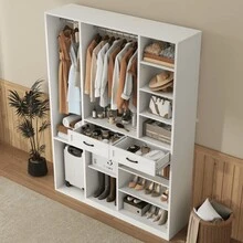 Armoire Wardrobe Closet With 2 Hanging Rods, Bedroom Tall Wardrobe With Adjustable Shelves And 2 Drawers, White Large Armoires With Storage Compartment, Wooden Bedroom Closet For Home Room,  81" X 55" X 15" - White - View 3