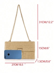 Bolso de playa de paja con hebilla de giro, bolso de mano trenzado con cadena
