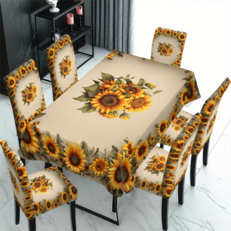 1/4/6 pezzi Set di coprisedia con stampa di ghirlanda di girasoli dorati, adatto per uso domestico interno, ristoranti, hotel, decorazione moderna quotidiana. Tovaglia adatta per tavoli quadrati, coprisedia elastici lavabili