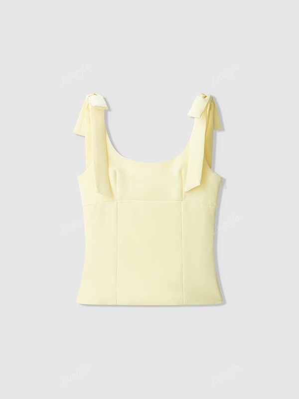 Bow Decor Oversized Round Neck Summer Butter Yellow Casual Sleeveless Top