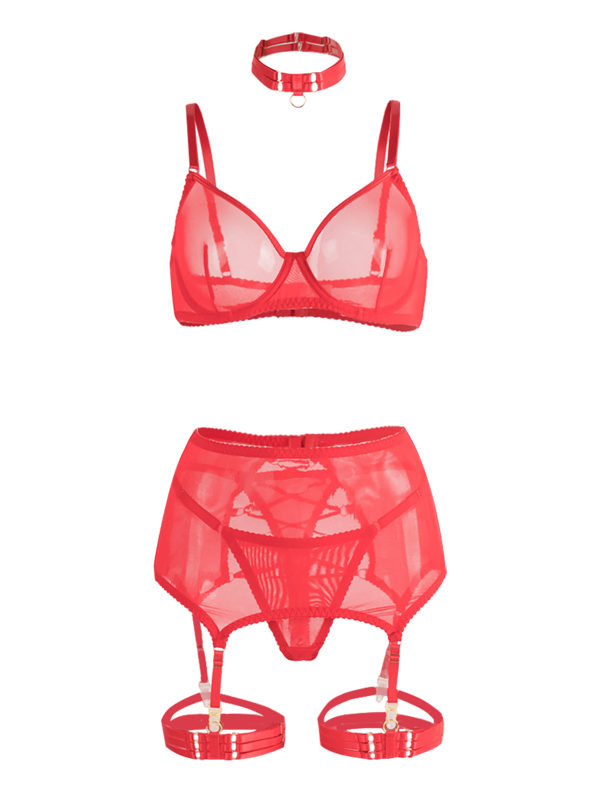 Woman's Sexy Lingerie Embroideries Party Party Rave Costumes Mesh See Through Garter Bra Set Of 3