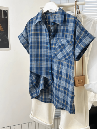 女式格子单排扣短袖口袋休闲衬衫