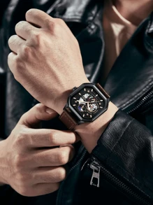 1pc Square, Hollowed-Out, Casual, Sporty, High-Quality, Leather Strap, Black, Glow In The Dark, Calendar Function, Cheap Men's Watch, Gift For Men.