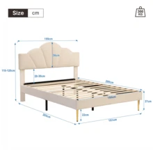 Flieks King Size Bed Frame, 5FT(150 * 200cm) Double Bed, Shell-Like Upholstered Double Bed With Golden Iron Legs & Height-Adjustable Headboard, Wooden Slatted Double Bed Frame - 米色 - 查看 7