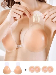 2 件/1 对硅胶粘性胸罩搭配 4 件/2 对小乳头贴，无肩带聚拢露背胸罩，隆胸隐形胸罩，可重复使用的粘性乳头贴，适用于婚纱、晚礼服、露背服装 - 淺粉色 - 查看 2