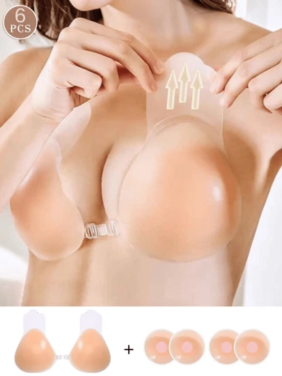 2 件/1 对硅胶粘性胸罩搭配 4 件/2 对小乳头贴，无肩带聚拢露背胸罩，隆胸隐形胸罩，可重复使用的粘性乳头贴，适用于婚纱、晚礼服、露背服装