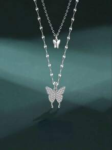 1pc Double Layer Butterfly Necklace, Studded With Rhinestones, Made Of Alloy Material, Perfect Gift For Girls - Silver - View 1