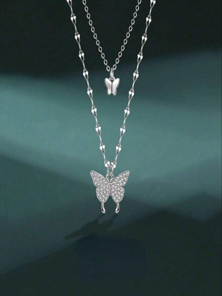 1pc Double Layer Butterfly Necklace, Studded With Rhinestones, Made Of Alloy Material, Perfect Gift For Girls - Silver - View 1