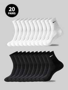 1/5/10/20 Pairs Men Sports Breathable Mid-Calf Casual Socks, Odor Resistant & Moisture Wicking White & Black Socks, Suitable For All Seasons Daily Wear & Outdoor Activities - Multicolor - View 1