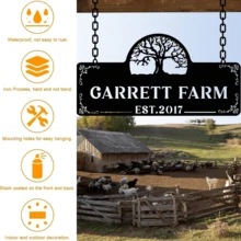 Placa de nombre de rancho de metal personalizada con patrón de árbol & espiral, 1 pieza letrero grande para jardín exterior, decoración de pared de arte de patio de campo, señalización de granja personalizada, monograma - Negro - Ver 6