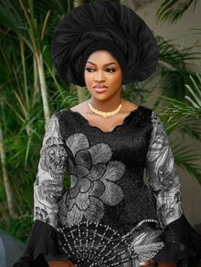 1 件女士纯色重型传统厚鞭夸张头巾帽，非常适合婚礼派对和节日礼物，夸张的 Gele 风格，Doek/Druku 风格，头巾/Hijba 风格， - 彩色 - 查看 6