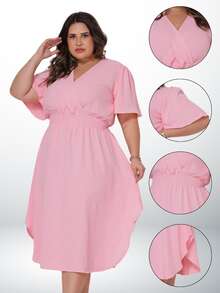 Women's Plus Size Midi Dress Wrapped Short Sleeve Duna Elegant Casual - Baby Pink - View 4