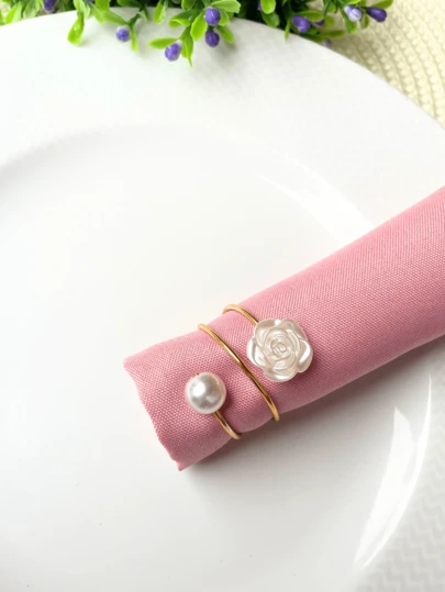 6 ou 12 Porta Guardanapo Metalico com Perola e Flor Mesa Posta Jantar