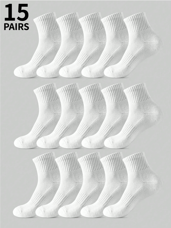 15 Pairs Plus Size Men's Pure White Breathable Mid-Calf Socks, Suitable For Spring And Summer Sports
