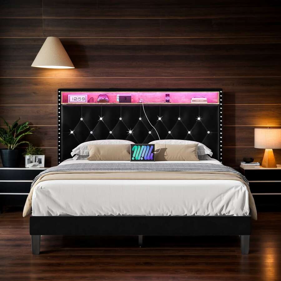LED Bed Frame With Storage Shelf Headboard, Velvet Upholstered Bed Frame With Charging Station, Modern Bed Frame With Diamond Tufted Headboard, No Box Spring Needed, White/ Black, Full/ Queen/ King (USB LED Strip) - màu đen - Xem 1
