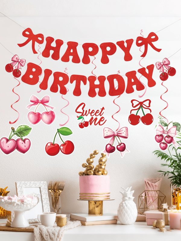 1pc Cherry Birthday Party Decoration Pull Flag, Adorable Fruit Theme Banner Hanging Ornament, Suitable For Birthday Party Background Wall Decor