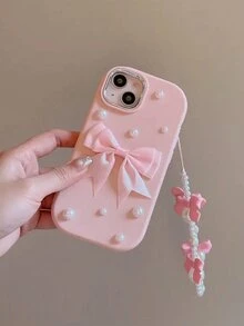 Pink 1pc Faux Pearl Bow Faux Pearl Lanyard Soft Phone Case Compatible With Apple 17/17 Air/17 Pro/17 Pro Max/16/16 Pro/16 Plus/16 Pro Max 16/16 Pro/16 Pro MAX/16E/15/15 Pro Max/15 Pro/14/13/12/XR/11, Fashionable Anti-Drop Protective Cover For Women - Pink - View 5