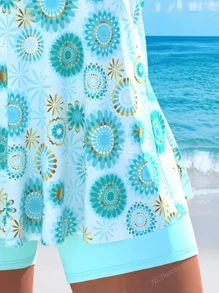 2pcs/Set Blue Tankini Swimsuit With Full Bust Coverage, Random Sunflower Print Pattern, Comfortable For Summer Beach Vacation, Elegant Sexy Hawaii Style