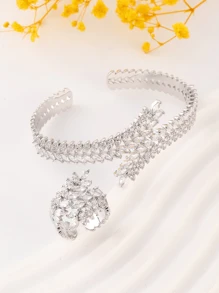 1 Set Of 2pcs European & American Fashion White Zirconia Bracelet Ring Set, Adjustable Design With Micro Inlaid Wheat Ear, Suitable For Women Daily Wear And Gifts