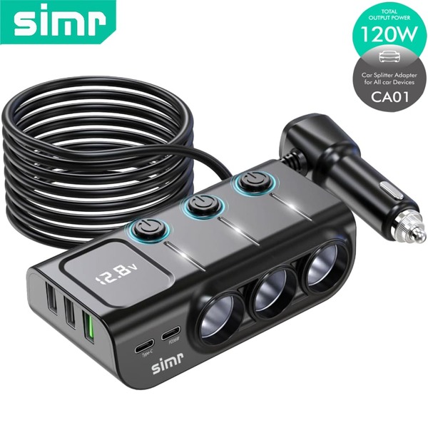 simr Simr Up Date Super 8 In 1 120W High Power Fast Charger USB PD Car Charger Portable 3 Socket Replacement Splitter Car Lighter Splitter With Separate Switch LED Voltage Display 12 V/24 V Plug Charging Cable Splitter
