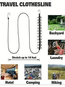 1pc Portable Travel Clothesline, Adjustable Elastic Outdoor Camping Retractable Clothesline With Clothespins, Suitable For Travel, Hotel, Outdoor, Dorm, Balcony, Indoor Hanging Laundry Without Drilling