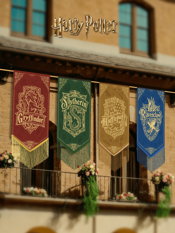 Harry Potter 1 stuk retro bannervlag, Zweinstein Vier Colleges retro kwastvlag voor binnenplaats, tuin, terras en woondecoratie - magische benodigdheden voor het decoreren van de scène, perfect voor feesten, festivals en fans, exclusief hangstokken, verjaardagscadeau, afstudeercadeau, alleen inclusief vlaggen [officieel gelicentieerd]