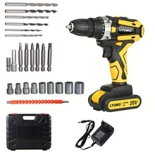 LYUWO 无绳电动工具，手持式钻头，带 LED 灯的手枪钻，两档调节，可顺时针和逆时针旋转，塑料盒配件齐全，易于钻孔和拧紧螺丝。搭配大容量电池，是居家和户外必备工具。 - 查看 2