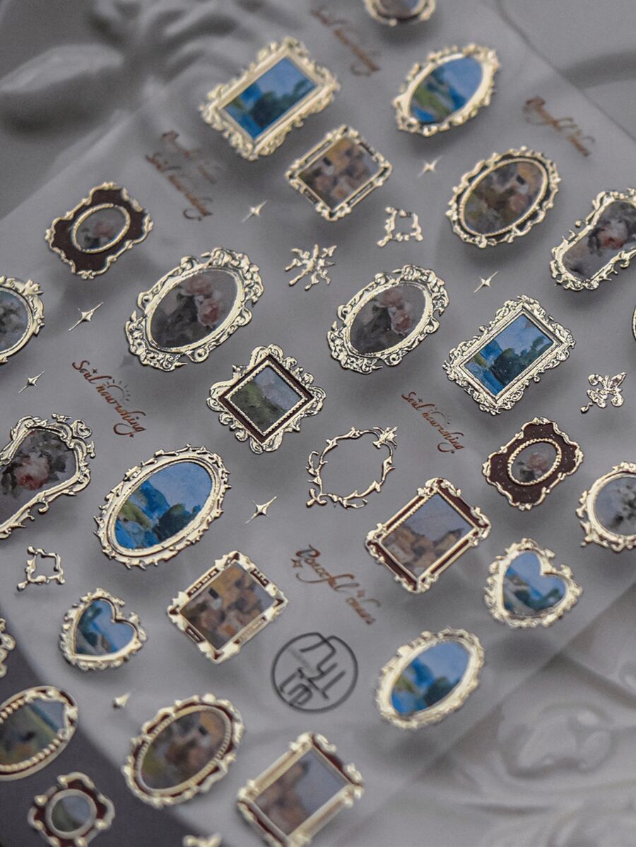 1 Stück farbenfroher Sonnenblumen- & Sternenhimmel-Eindruck geprägter Nail Art Aufkleber, glitzernde Strass Nail Decals, zum Selbermachen