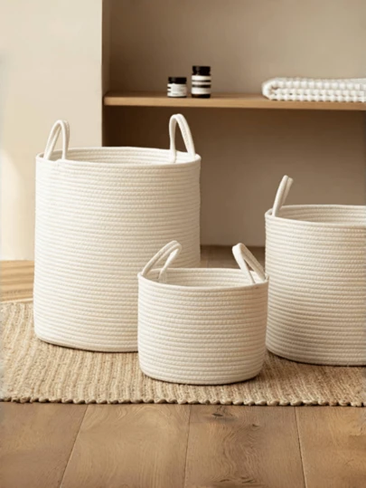 1pc White Foldable Woven Laundry Basket With Handle, Round Multi-Functional Large Capacity Storage Basket, Yellow And White Three Sizes Available, Suitable For Clothes, Blankets, Toys, Holiday Storage, Home Decoration, Suitable For Laundry Room, Bathroom, Bedroom, Living Room, Home,Storage
