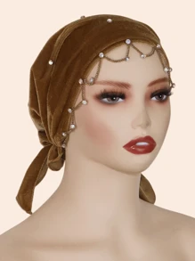 1pc Women Rhinestone Women Turban,Hijab Inner Cap,Fur Specialty Craft Diamond Chain Decorated Headscarf Elegant Middle East Fashion Headwrap