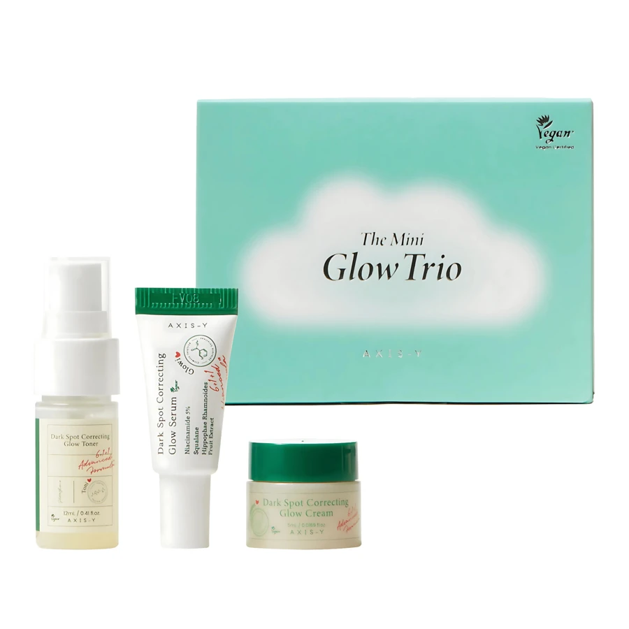 AXIS-Y Bộ quà tặng du lịch Mini Glow Trio Dark Spot Correcting - Nước hoa hồng 0,41 Fl. Oz., Huyết thanh 0,169 Fl. Oz., Kem 0,169 Fl. Oz. - Chăm sóc da thuần chay Hàn Quốc - Trong sáng - Xem 1