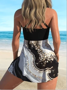 2 Pieces Tie-Dye Women Tankini Swimsuit Set - Adjustable Shoulder Strap Top, Sequin Detail - Suitable For Summer Beach Vacation, Hawaiian Style Elegant