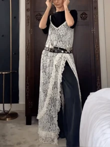 Women's See-Through Mesh Lace Dress V-Neck Spaghetti Straps Sleeveless Side-Slit Ruffles Hem Long Dress For Streetwear - trắng - Xem 5