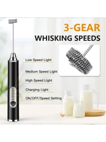 1 pièce Mousseur à lait électrique portatif, noir/blanc, batteur électrique à café avec 2 têtes de batteur remplaçables en acier inoxydable, 3 vitesses, mousseur rechargeable par USB, mousseur à lait pour café, lait, œufs, chocolat chaud