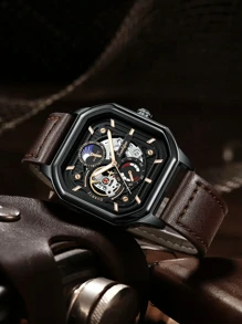 1pc Square, Hollowed-Out, Casual, Sporty, High-Quality, Leather Strap, Black, Glow In The Dark, Calendar Function, Cheap Men's Watch, Gift For Men.