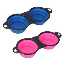 Recipiente de comida y agua plegable y portátil para perros 2 en 1, de silicona, para viajes al aire libre con mascotas