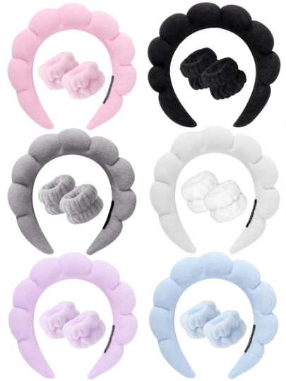 1pc Facial Headband / 2pcs Facial Wristbands / 3sets Spa Headband, Makeup Headband, Facial Headband, Skincare Headband, Pink Velvet Fluffy Sponge Headband, Bow, Scrunchie, Spa Headband, Wristband, Women And Girls Hair Accessories Set