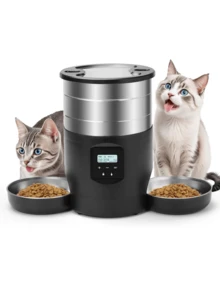 双猫自动宠物喂食器，不锈钢食物分配器，带双碗的电动动物喂食器，4.5L/152.180oz/1.19加仑大容量，适用于猫和狗，可定制喂食时间表，双电源设计，闩锁以防止食物溢出，适用于多宠物家庭 - 彩色 - 查看 1