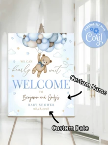 Custom Teddy Bear Welcome Sign - We Can't Wait! Baby Boy Welcome Party Decorations, Blue Pampas Grass Poster, Bohemian Hot Air Balloon Porch Decor - Editable, Frameless, Modern, Colorful, Cute (Canvas Only) - Multicolor - View 5